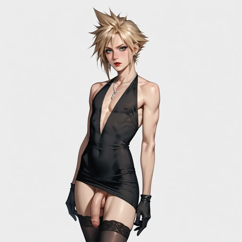 cloud strife, femboy, hairy, (long penis:1.2),  foreskin,  skinny, black silk dress, black silk gloves, black stockings, earing, necklace, makeup, red lipstick, flaccid,standing, arms on hips, serious face, multiple views, panels, multiple angles