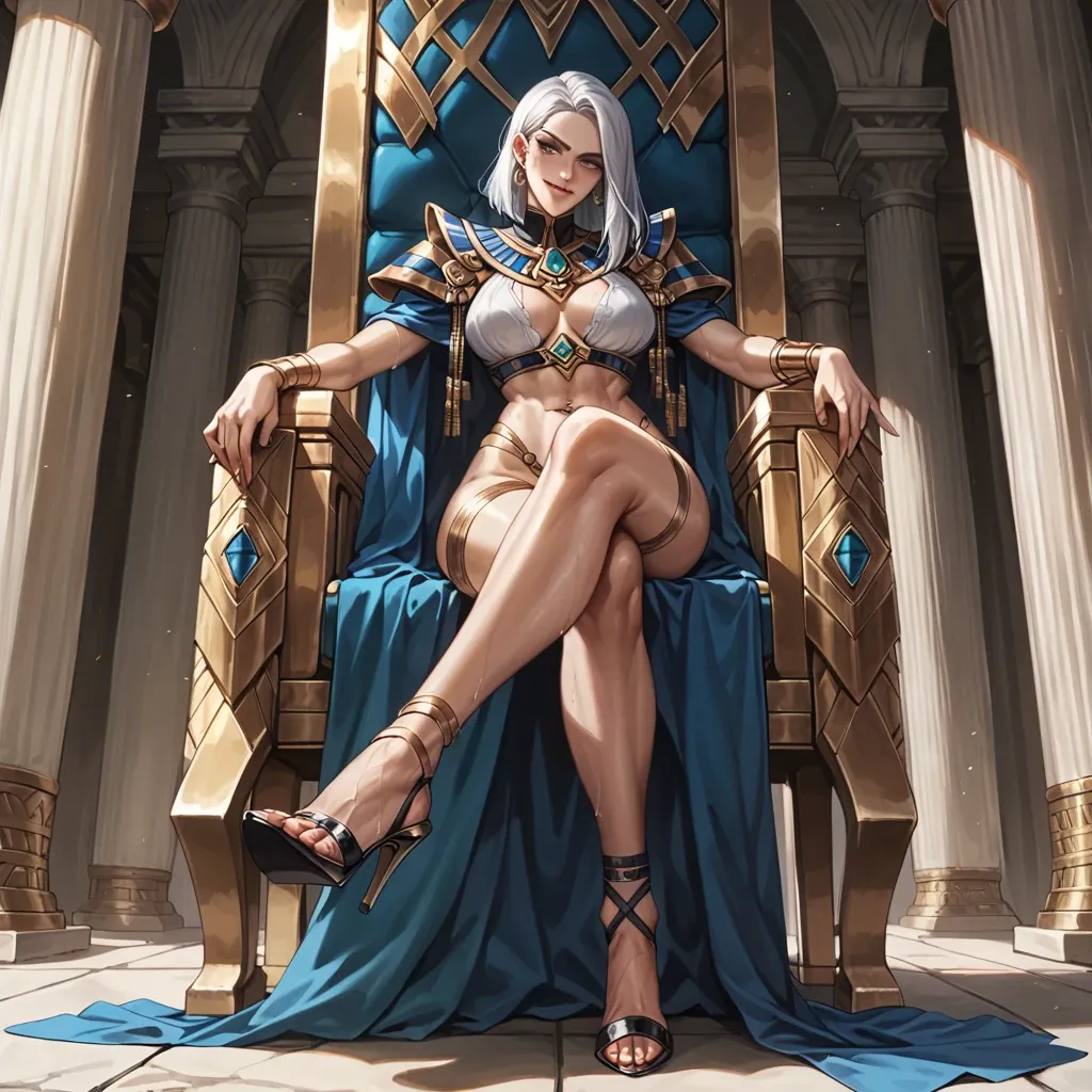 Ashe league of legends, soft smile,throne,  gentle smile, high heels, seductive eyes, head tilt, Egyptian, anime art style, long legs, thick thighs, sweaty, smirking, navel piercing, athletic, thin waist, foot focus, painted toenails, feet, nude, standing, high heels, knee up, foot fetish, anklet, jewellery,