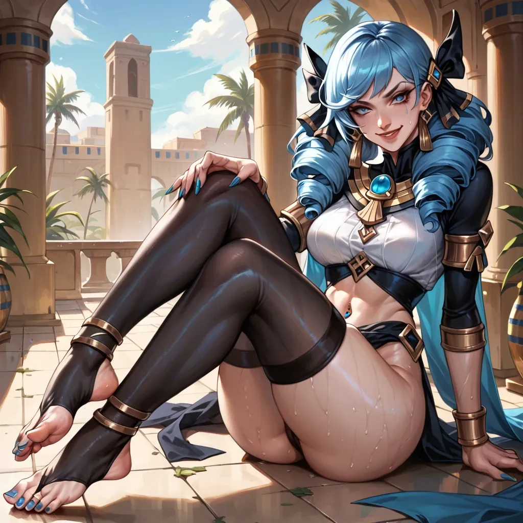 Gwen drill hair league of legends high heals painted toe nails foot fetish foot focus soft smile, gentle smile, seductive eyes, head tilt, Egyptian, anime art style, long legs, thick thighs, sweaty, smirking, navel piercing, athletic, thin waist, foot focus, painted toenails, feet, nude, standing, high heels, knee up, foot fetish, anklet, jewellery,