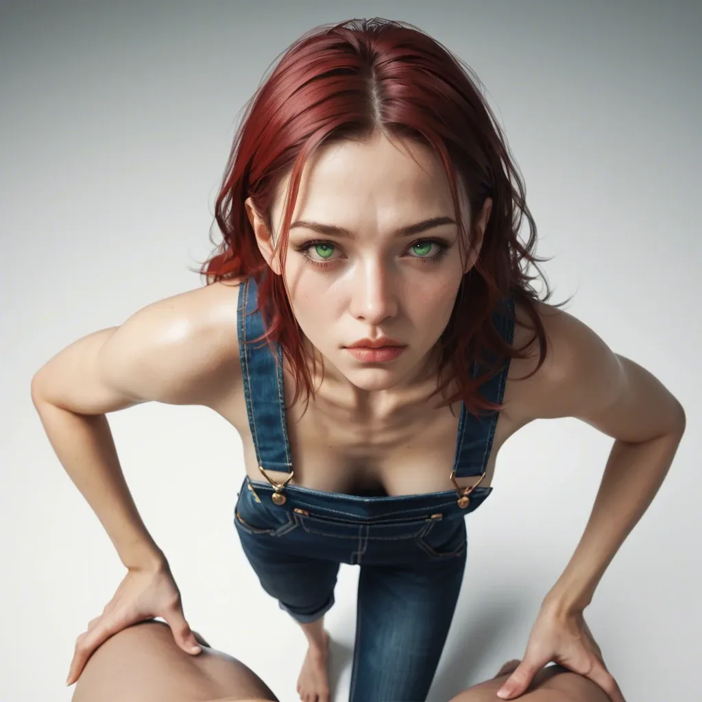 Teen young Female, petite torso, skinny toothpick legs, Realistic 3d artstyle, long straight red hair,  green eyes, face closeup, viewer pov, top angle view, wearing overalls, cowgirl, standing, skimpy, thong