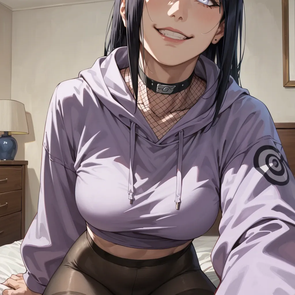 Hinata Hyuga (Naruto), hidden leaf heandband on neck, white eyes, black leggings, purple hoodie, straight long black hair, wink, smirk, seductive eyes, bedroom, fishnet top, cowgirl, close-up