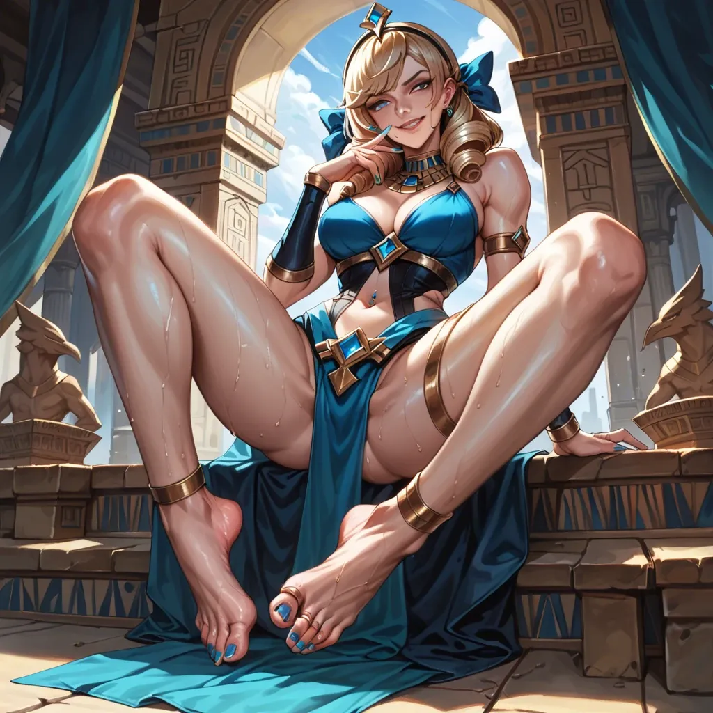 Gwen drill hair league of legends high heals painted toe nails foot fetish foot focus soft smile, gentle smile, seductive eyes, head tilt, Egyptian, anime art style, long legs, thick thighs, sweaty, smirking, navel piercing, athletic, thin waist, foot focus, painted toenails, feet, nude, standing, high heels, knee up, foot fetish, anklet, jewellery,