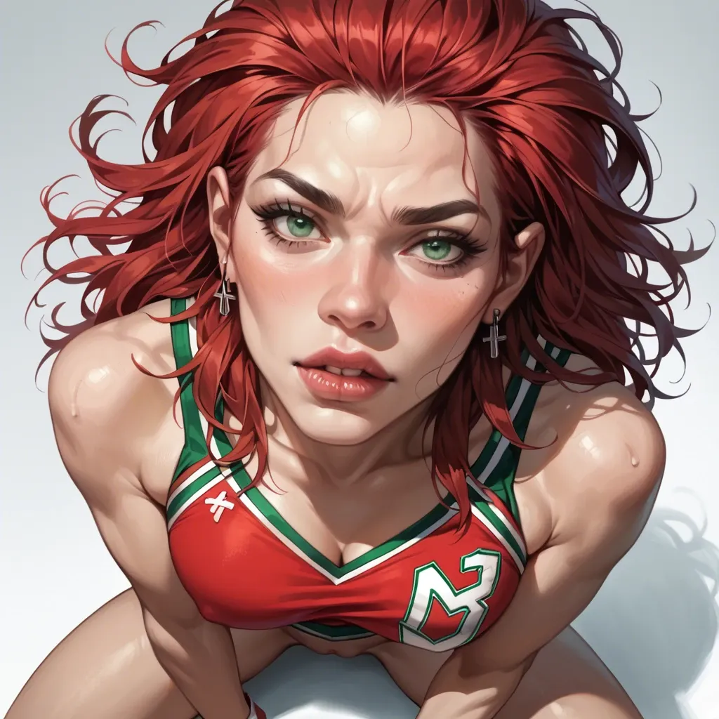 Sexy, Furry Anthro bulldog, humanoide, Teen young Female, petite torso, skinny toothpick legs, Realistic 2d artstyle, long straight red hair,  green eyes, face closeup, viewer pov, top angle view, wearing chicago bulls cheerleader outfit, standing, skimpy