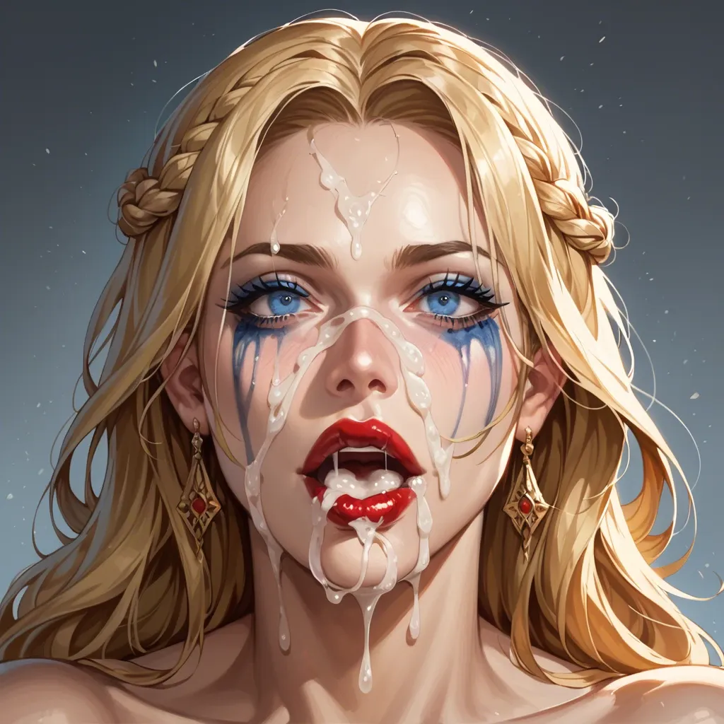 Excessive thick cum. Gallons of um in hair. super extreme close up of face, in medieval dungeon. Super happy Naked, gorgeous, beautiful blonde, blue eyes, red lipstick,  blue mascara running, mouth open,  full of cum   red lipstick, Blonde hair dripping with cum, streaming over face. Face cut, badly bruised.