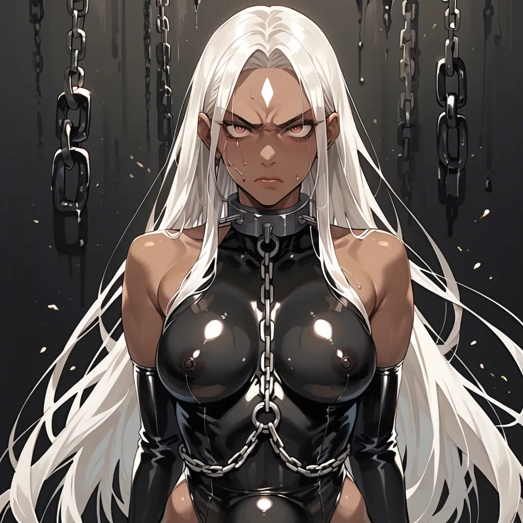 1girl, solo, (Character horikita), (perfect face: 1,2), beautiful eyes, white hair,The forehead is open, (dark skin: 1,2), angry, big stomach bulge, all in a black latex suit, hands shackled