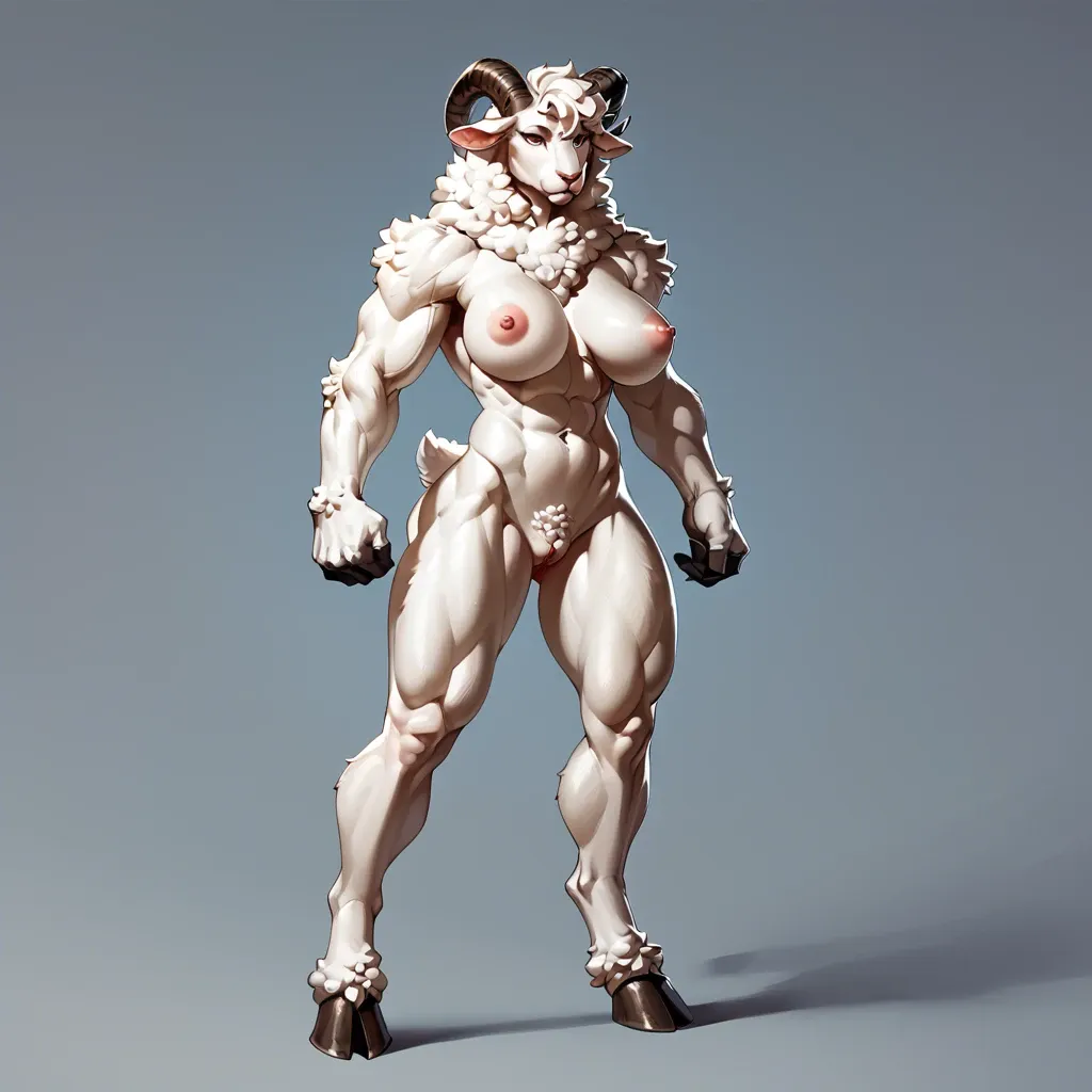 Furry, girl, anthropomorphic sheep, tall , broad shoulders, abs, big breasts, white fur, hooves