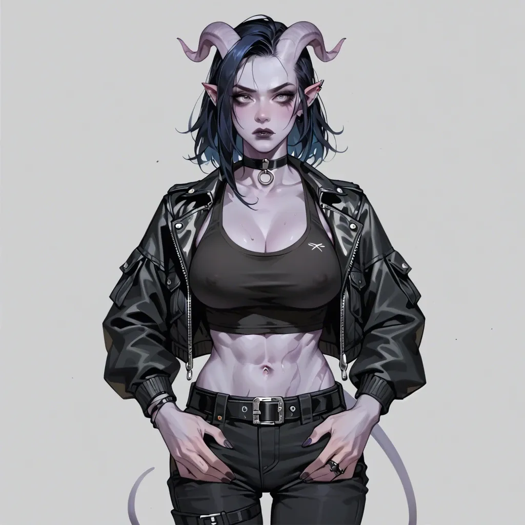 young gothic (but still cute) tiefling girl with purple skin and black-blue hair,  sport black shirt, cargo pants with belt, choker, jacket, perfect skinny body with big breasts,