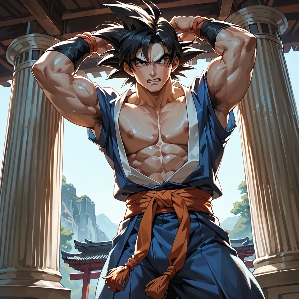 male goku tied to a column with a kimono