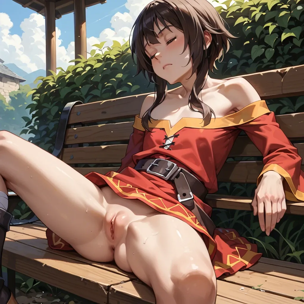 (masterpiece), (best quality), 1girl, flat chest, red frilly dress, close up, closed eyes, outdoor, bench sitting, sleeping, legs spread legs, megumin,