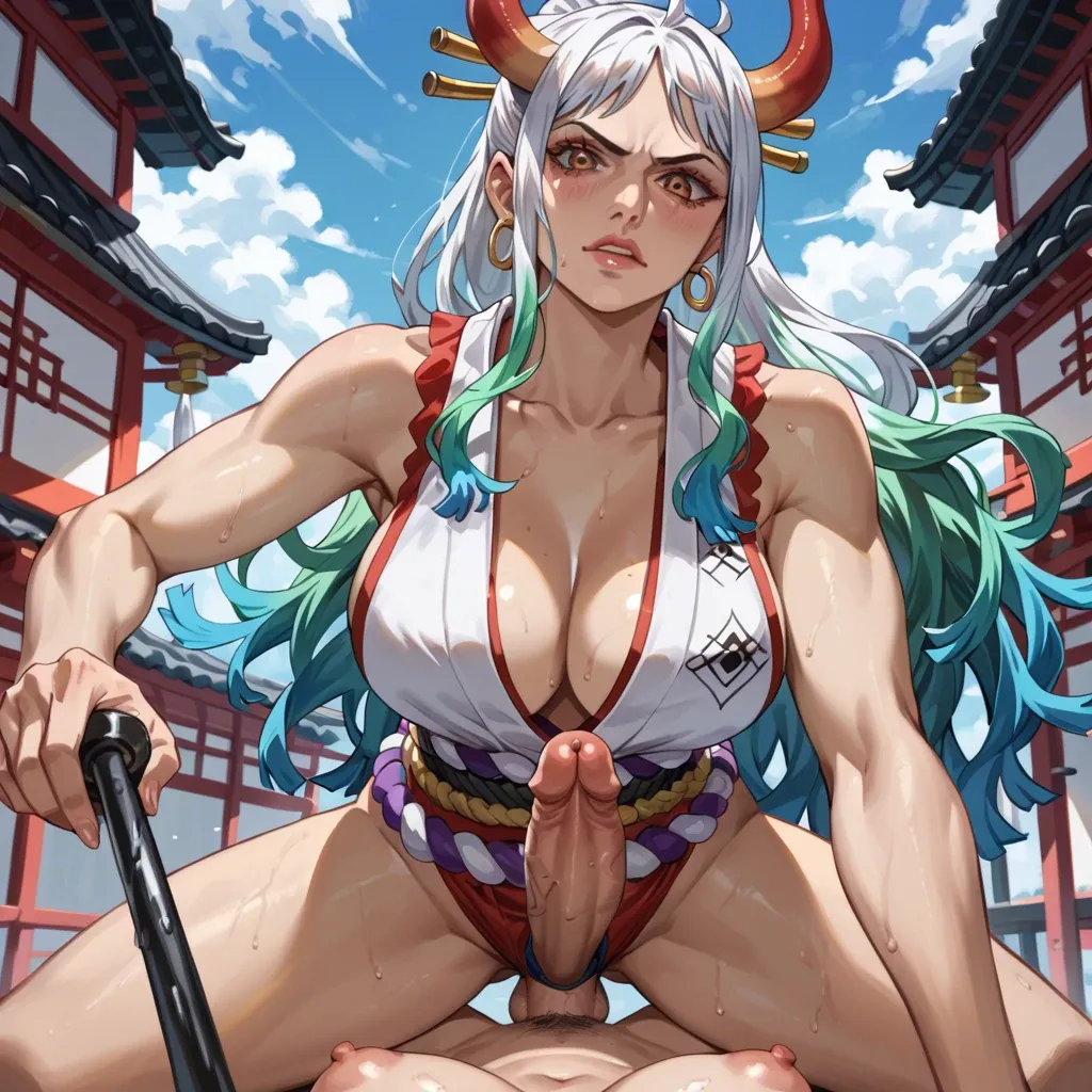 Futanari Yamato from one piece fuck with viewer in cowgirl pose, futanari cock, pov, sex with trans, femdom, look down at viewer, dominate on viewer, Yamato clothes from wano arc, Yamato have a cock and masturbate him