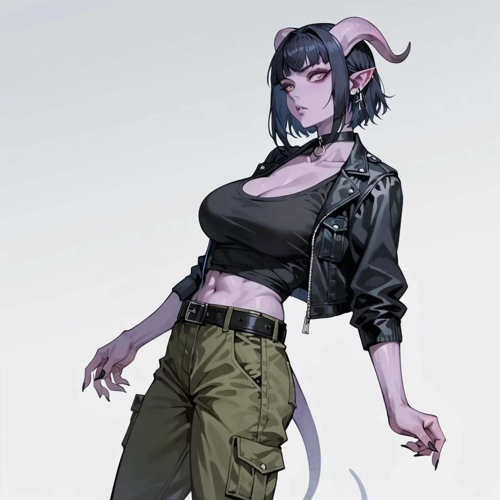 young gothic (but still cute) tiefling girl with purple skin and black-blue hair,  sport black shirt, cargo pants with belt, choker, jacket, perfect skinny body with big breasts, she knows martial arts, side view, watching at viewer