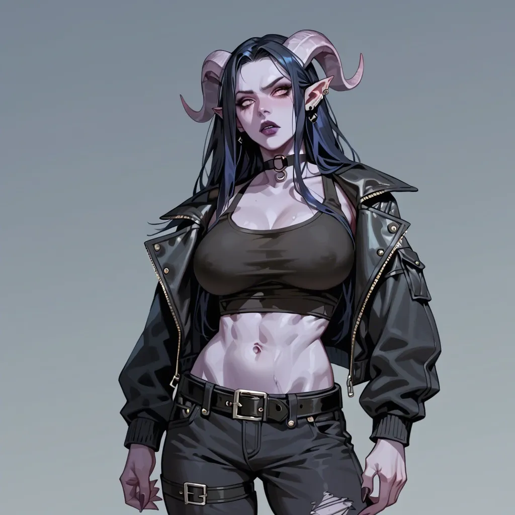 young gothic tiefling girl with purple skin and black-blue hair,  sport black shirt, cargo pants with belt, choker, jacket, perfect skinny body with big breasts,