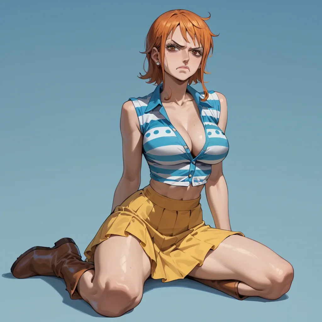 Nami one piece, pre timeskip, bob hair, blue white striped cropped shirt, yellow skirt, brown boots, on knees, disgust expression