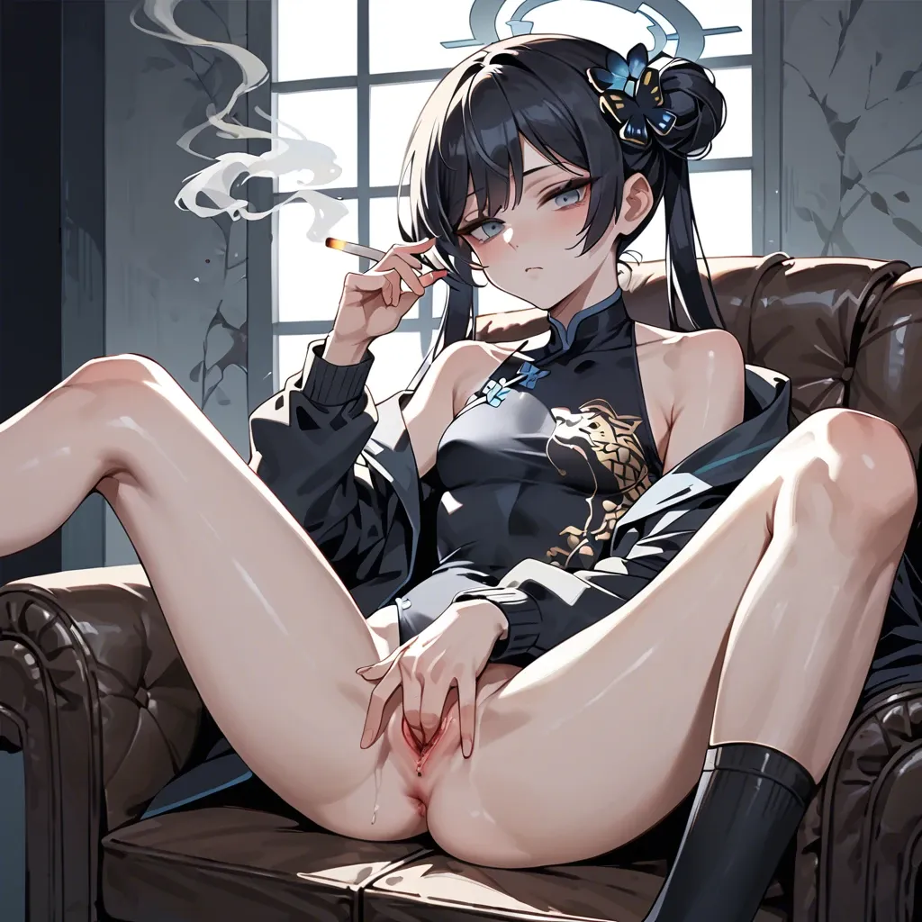 Kisaki, Blue Archive, sitting, spread legs, expressionless, smoking a cigarette, fingering herself