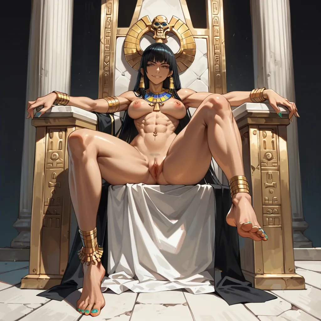 I-no, guilty gear, Egyptian, anime art style, long legs, thick thighs, smirking, navel piercing, athletic, thin waist, painted toenails, feet, nude, throne, foot fetish, anklet, jewellery,