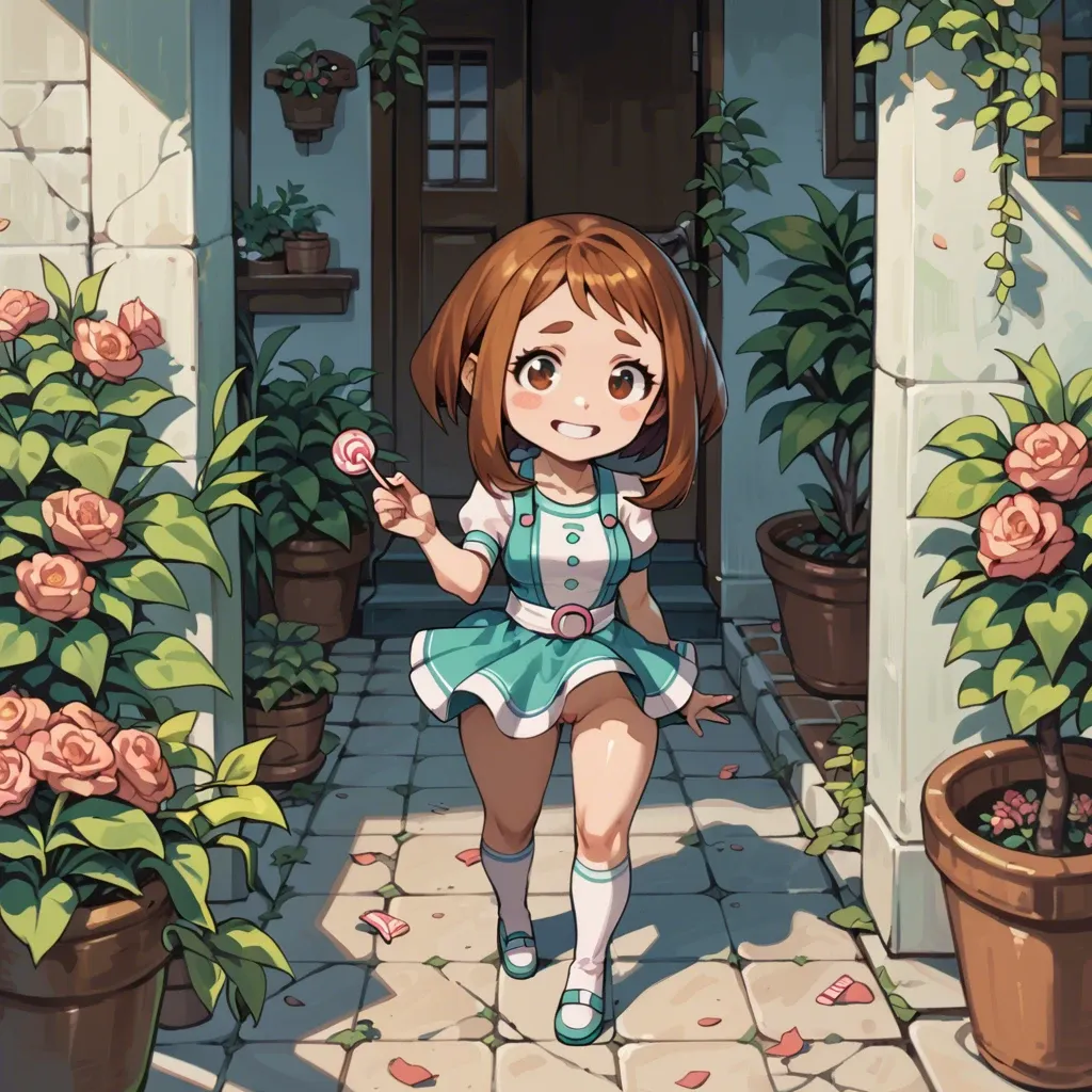 Ochako Uraraka, chibi, petite, fully dressed, candy expression, smile, standing, garden