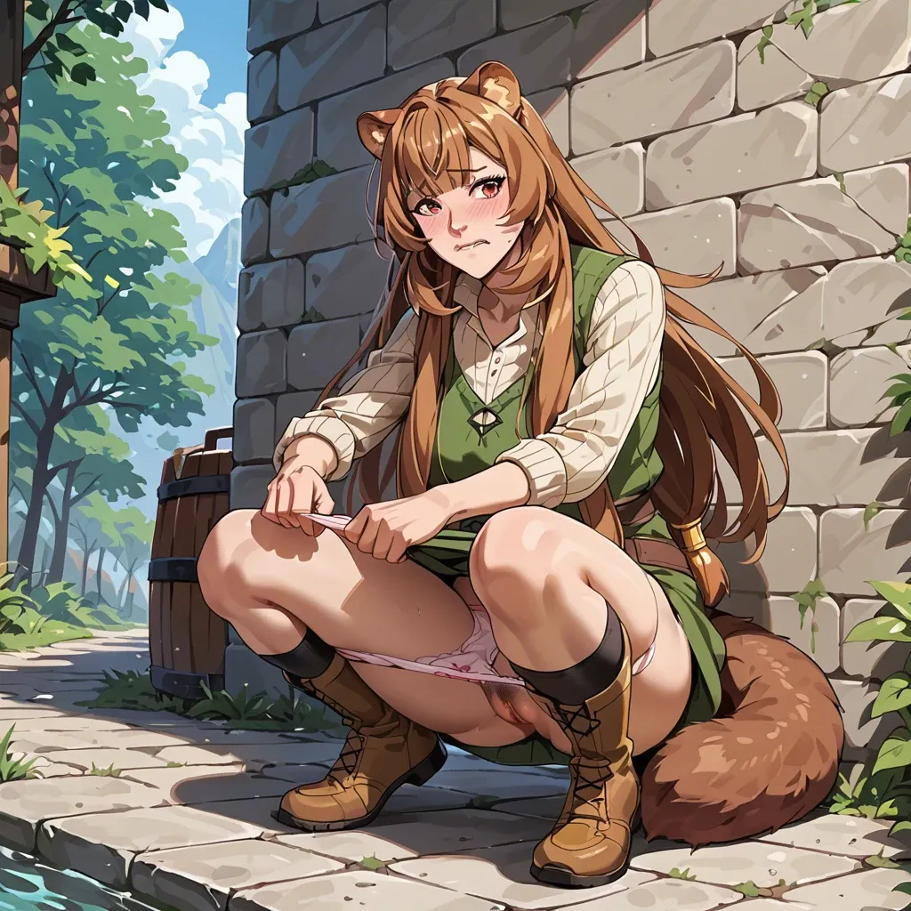 raphtalia, clothed, outside, pussy flash, pants pulled down, panties to the side, pubic hair, cute panties, embarrassed, excited, lip biting, squatting