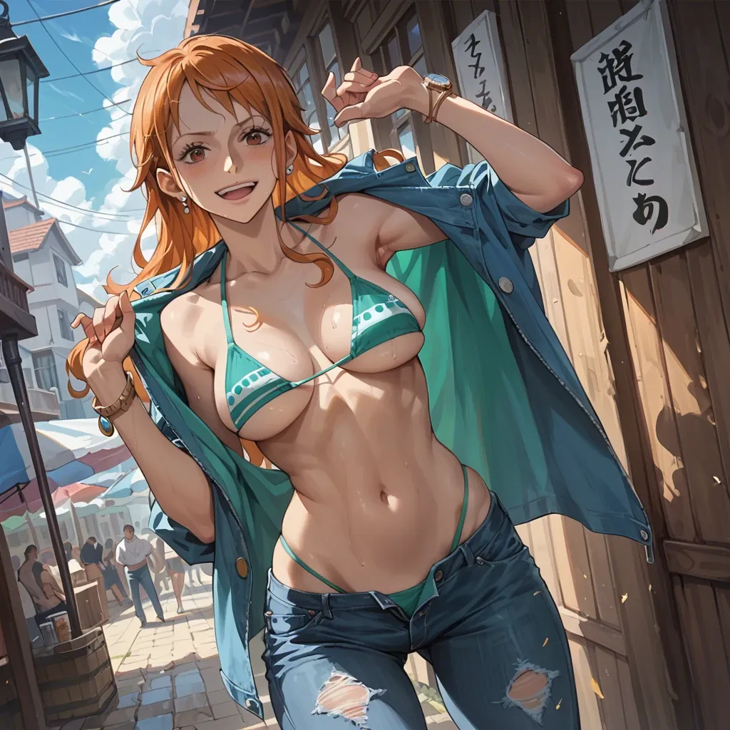 nami one piece, normal bikini, jeans pants, standing, posing, blush, happy expression, high quality, good lighting, cover image