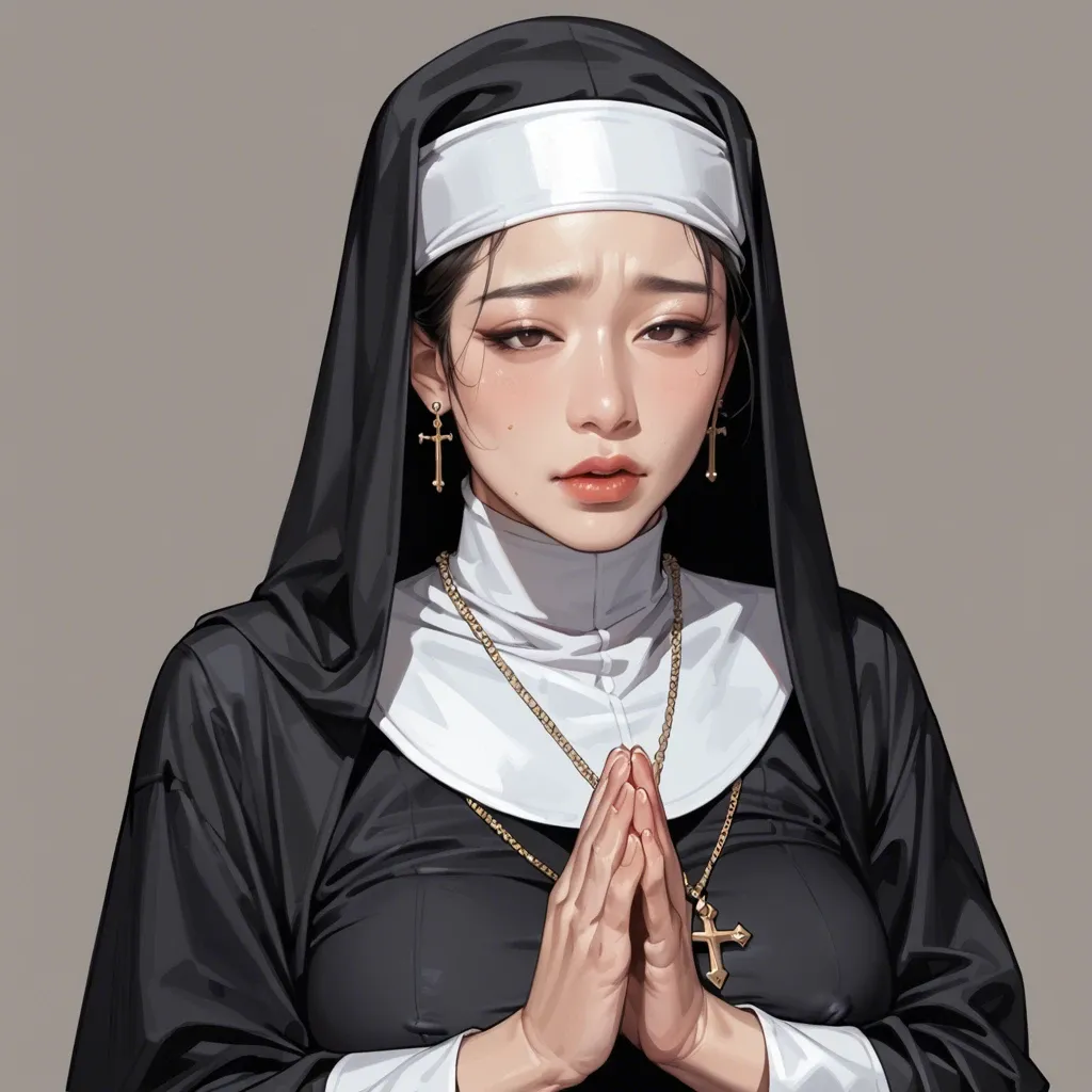 Asian Fuckdoll, confessional, nun black costume praying