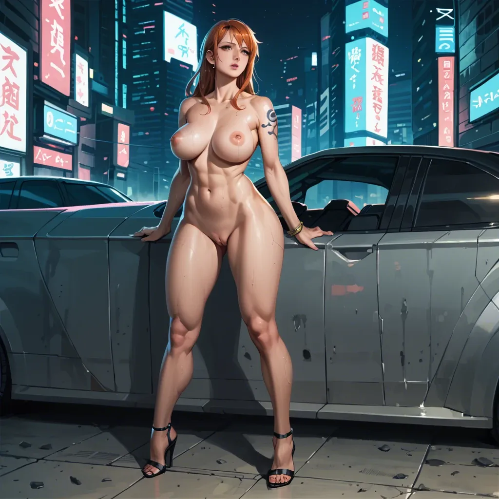 Boa hancock, naked,  cyberpunk body lines, night, cyberpunk city, big breasts, standing, full body photo,