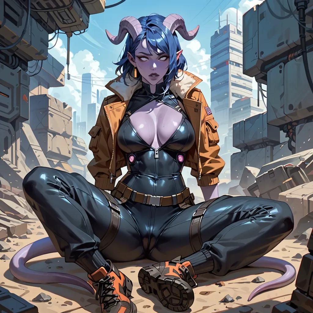 Fully clothed body - She wears futuristic clothes, jumpsuit, futuristic pilot outfit, bomber jacket, cargo pants, belts, black bodysuit under clothing, cargo pants futuristic draenei girl with purple skin, black-blue hair and horns, skinny, big breasts. sitting in spaceship pilot's chair. armed. Fully clothed torso, fully clothed chest