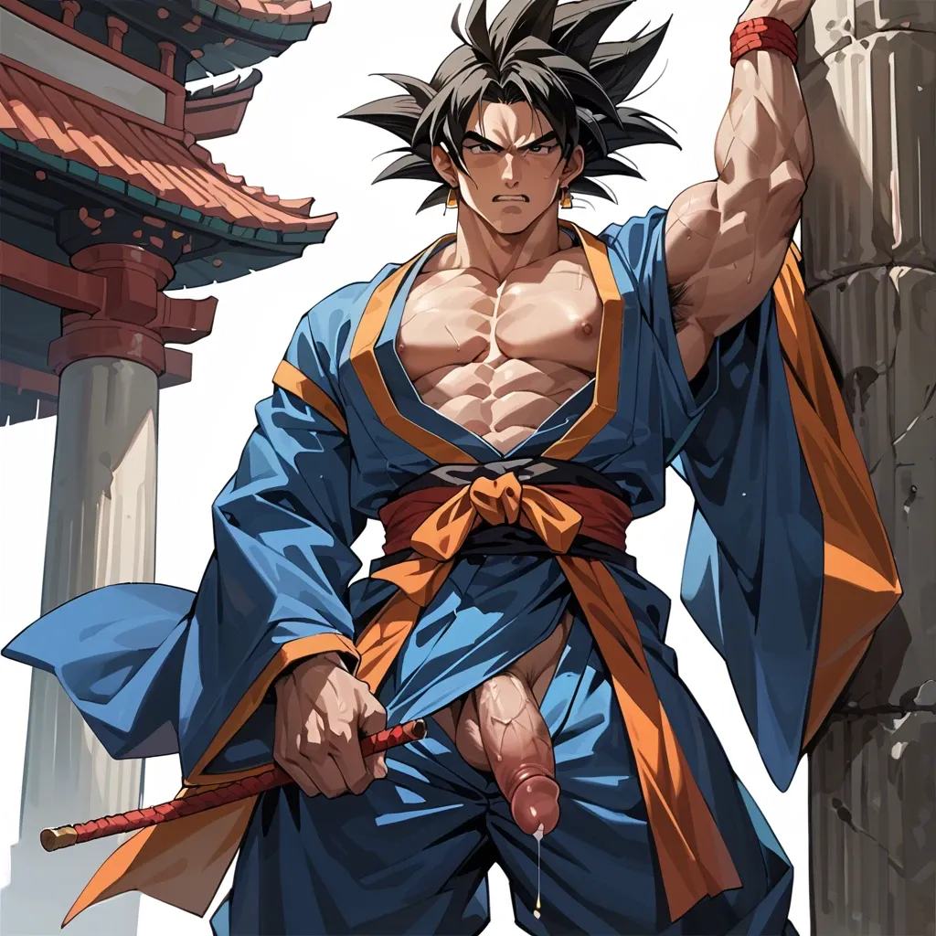 male goku tied to a column with a kimono