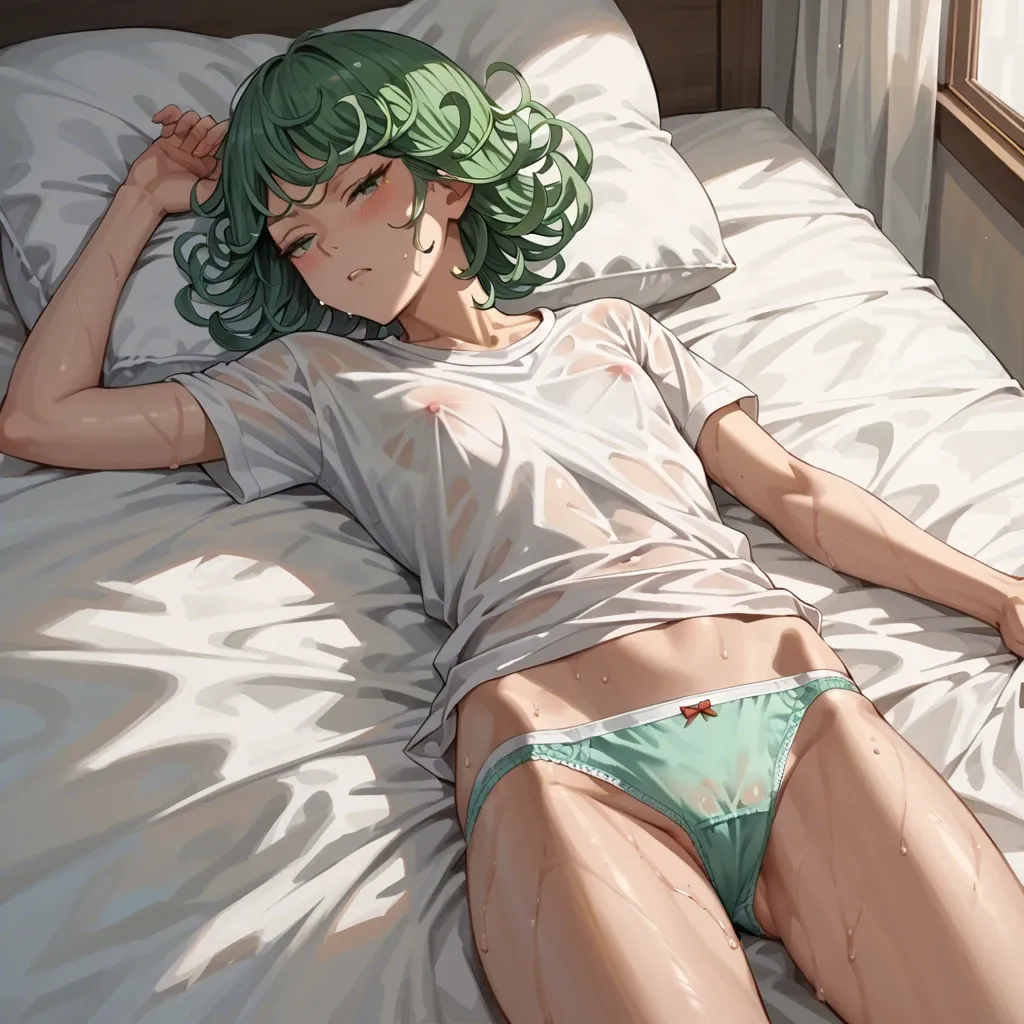 Tatsumaki sleeps in bed in panties and a T-shirt, wet herself in her sleep, flat chest