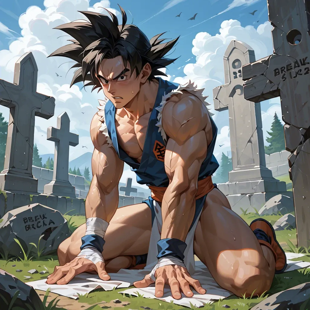 male goku coming out of a grave with bandages