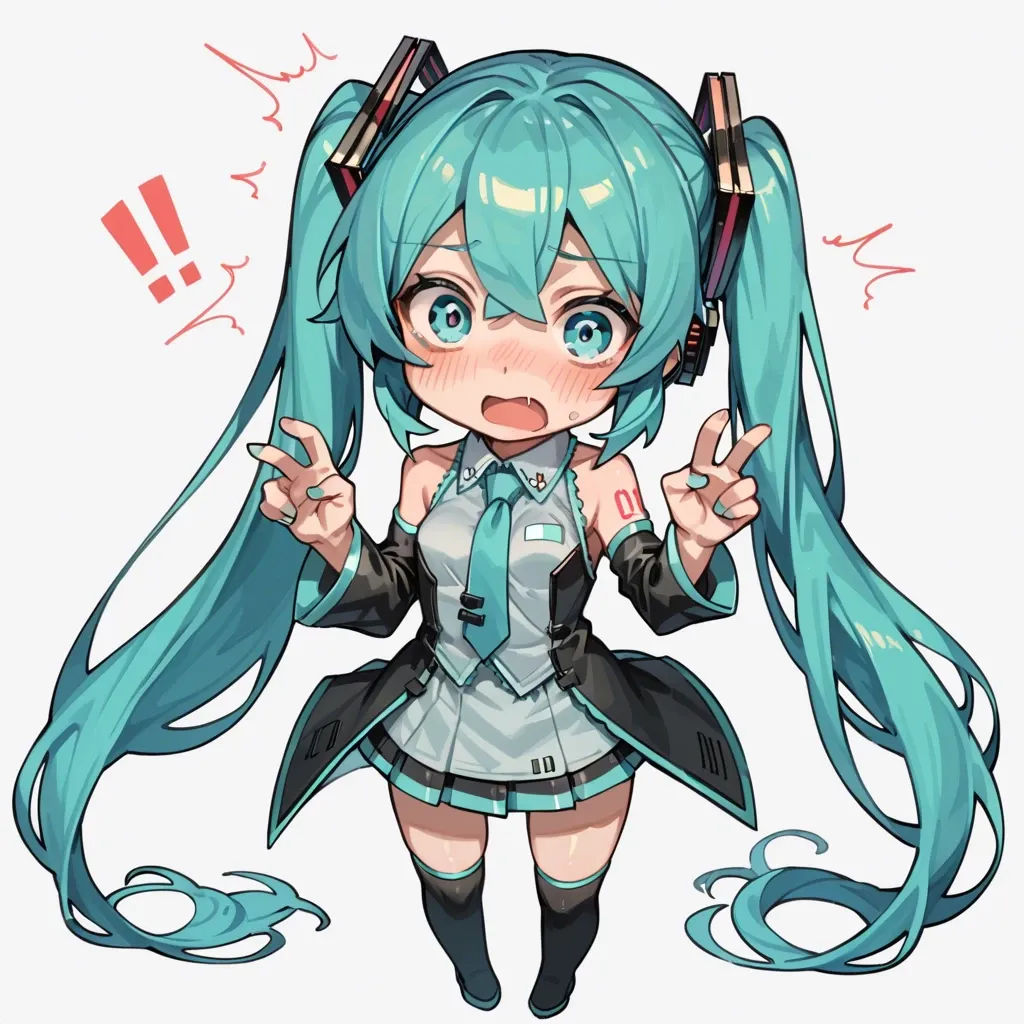 Hatsune Miku, chibi, petite, full dressed, surprised expression