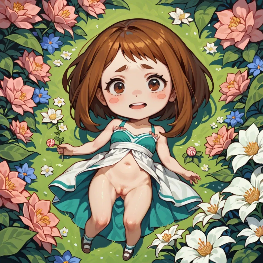 Ochako Uraraka, chibi, petite, full dressed, candy expression, garden with flowers