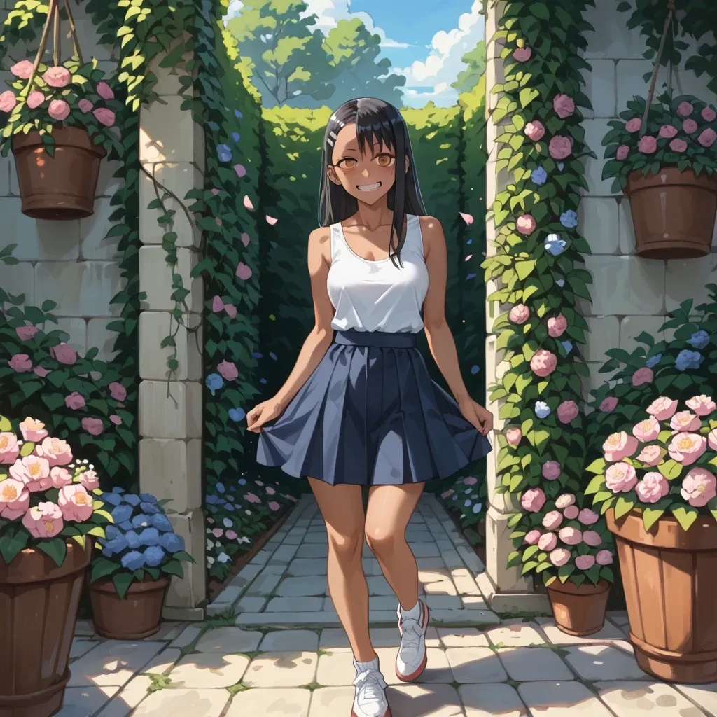 Hayase Nagatoro, chibi, petite, fully dressed, candy expression, standing, garden with flowers