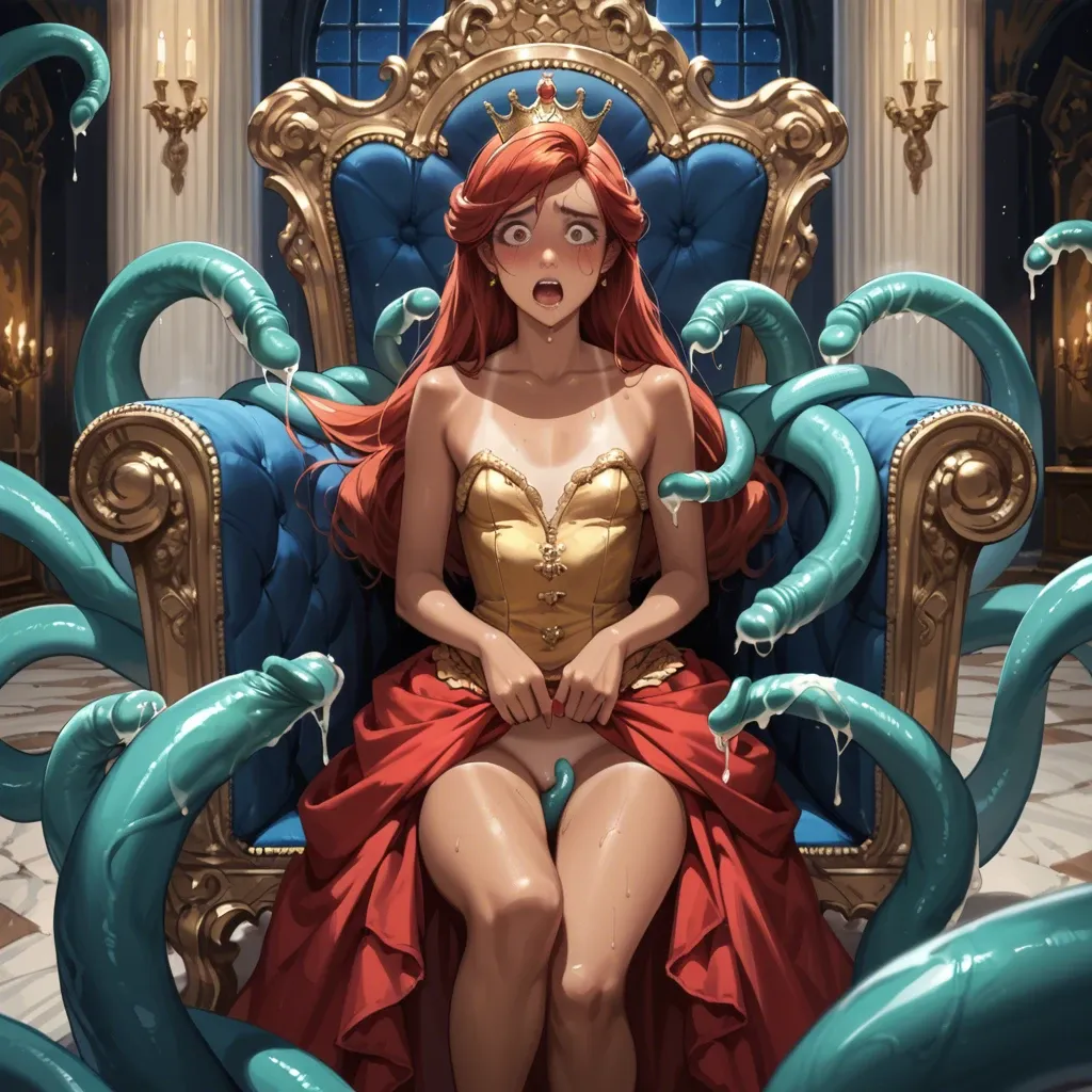 Detailed,Night,royal throne room,Ariel, tan lines,flat chest young cute,crown,golden gown,blushing,scared,giant tentacles attacking