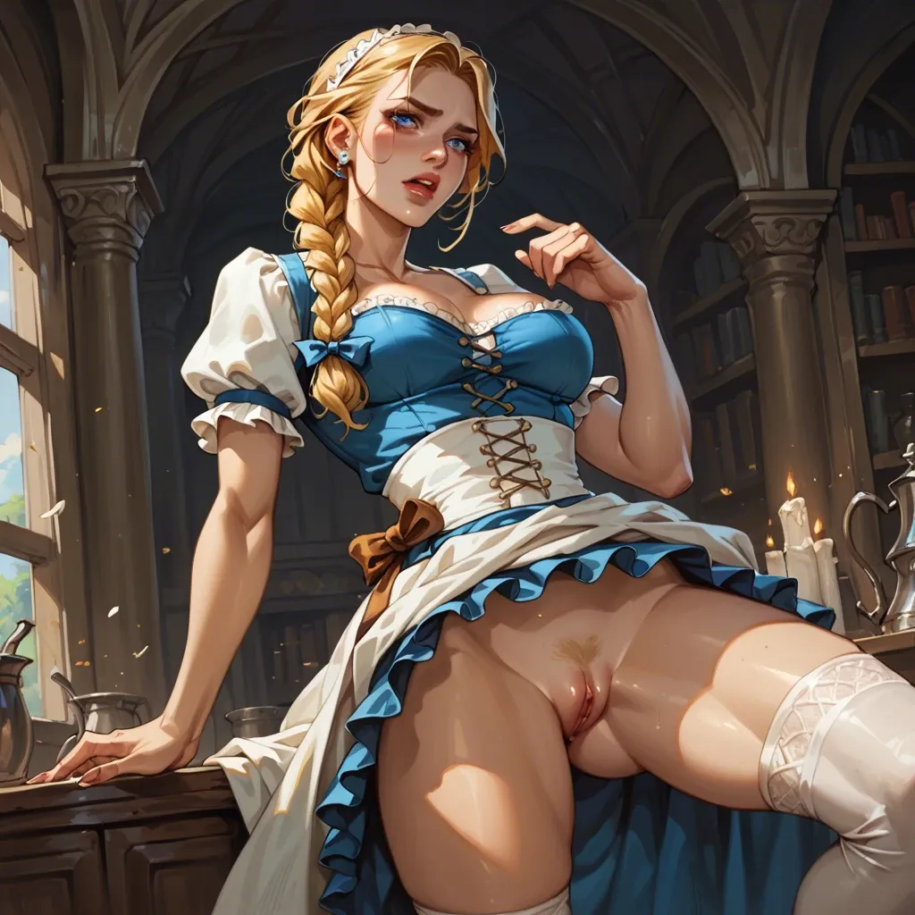 A girl with golden-blonde hair braided elegantly, bright blue eyes, and rosy cheeks, she embodies the charm of traditional German beauty. She's wearing a dirndl, she's sliding up her dress to show her pussy, she's standing, she's at a bakery shop, she's extremely beautiful