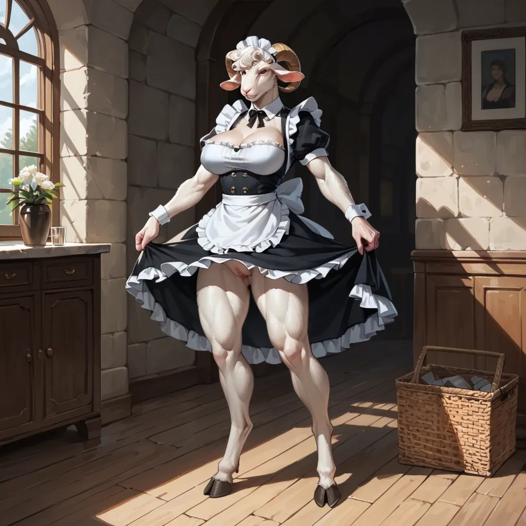 Furry, girl, anthropomorphic sheep, tall ,  abs, big breasts, white fur, hooves, standing, maid clothes, visible pussy