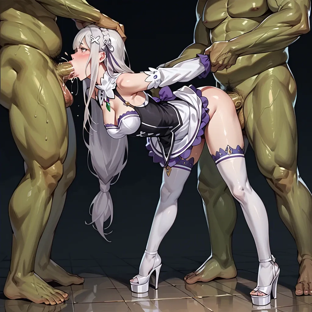 Emilia from Re:Zero, platform heels, stockings, standing, bent forward, arms held behind back, dress lifted, giant orc spitroast, giant cock in mouth, deepthroat blowjob, giant cock in pussy, deep vaginal penetration