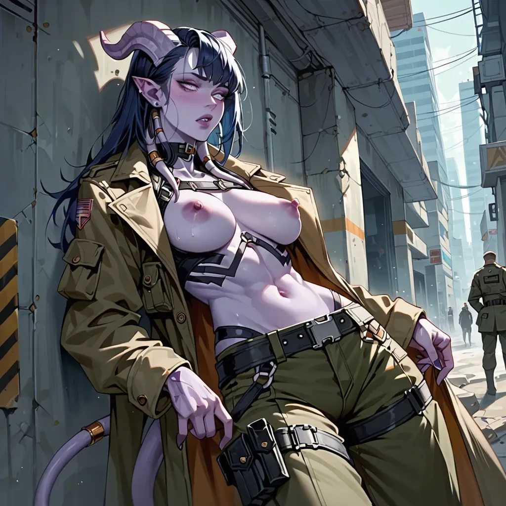 futuristic draenei girl with purple skin, black-blue hair and horns, skinny, big tits. futuristic clothes, belts, fully-clothed, army coat, cargo pants,