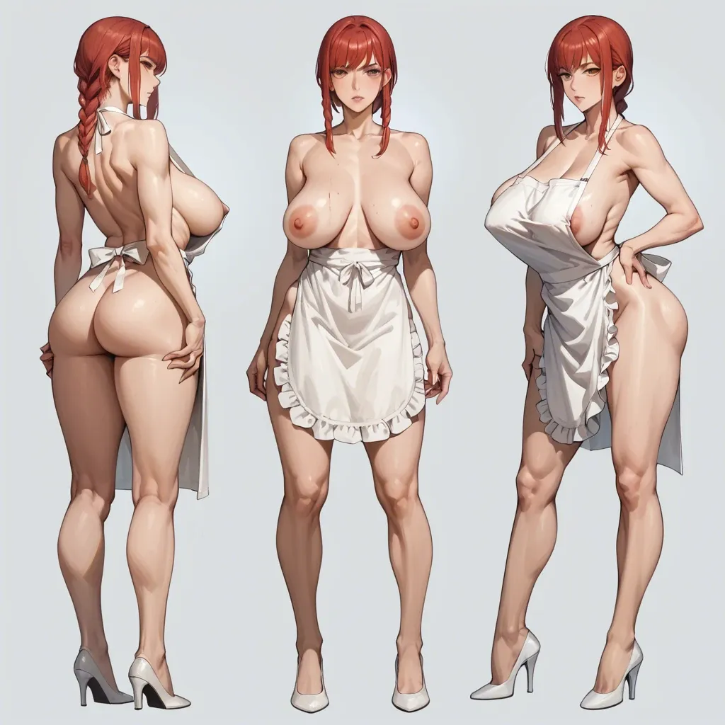 makima, naked, multiple views, extra large eyes, long legs, large breasts, sagging breasts, Exposing breasts, Exposing genitals, side boob, ass exposed, wearing just an apron, wearing white apron, naked under apron, in the kitchen, frames, multiple views, full body photo,