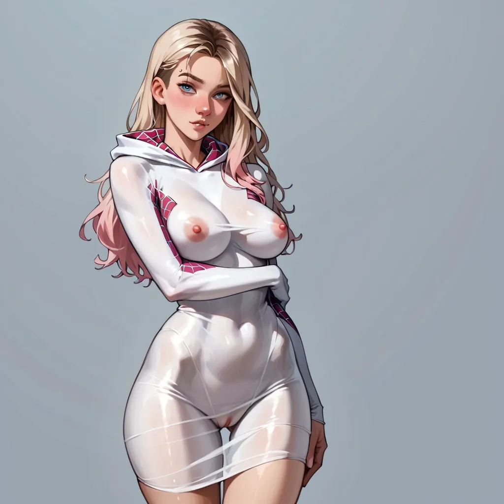 transparent pink white black spider dress spider Gwen long hair hourglass figure extremely slim thin body sensual curvy silhouette round big wide ass, wide round hips, narrow waist, full big breasts