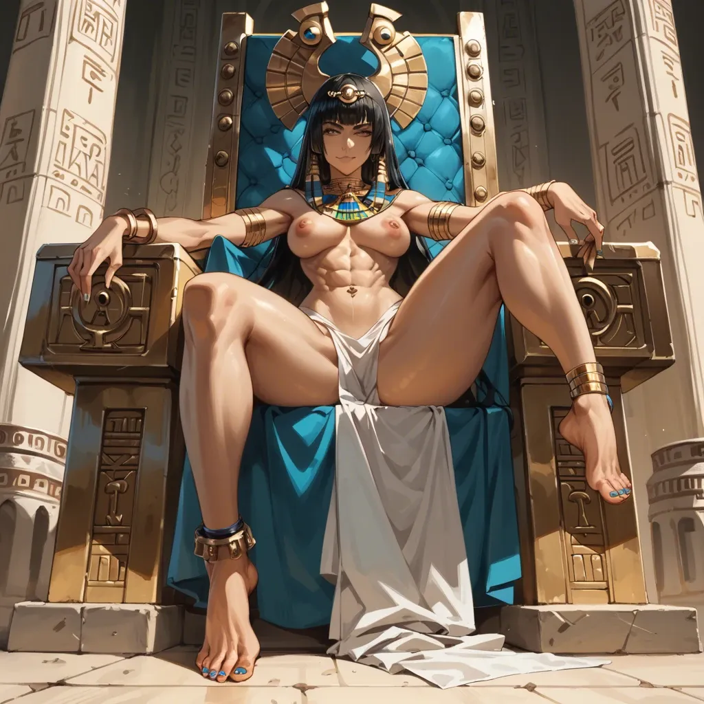 I-no, guilty gear, Egyptian, anime art style, long legs, thick thighs, smirking, navel piercing, athletic, thin waist, painted toenails, feet, nude, throne, foot fetish, anklet, jewellery,