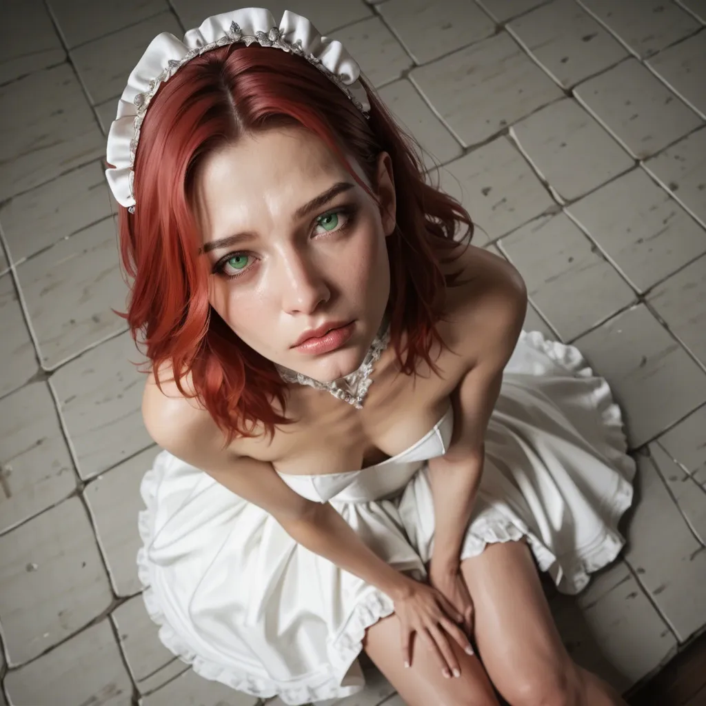 Teen young Female, petite torso, skinny toothpick legs, Realistic 3d artstyle, long straight red hair,  green eyes, face closeup, viewer pov, top angle view, wearing bridemaid dress outfit, standing