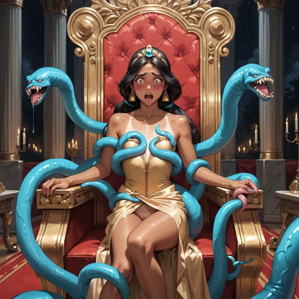 Detailed,Night,royal throne room,princess jasmine, tan lines,flat chest young cute,crown,golden gown,blushing,scared,giant tentacles attacking