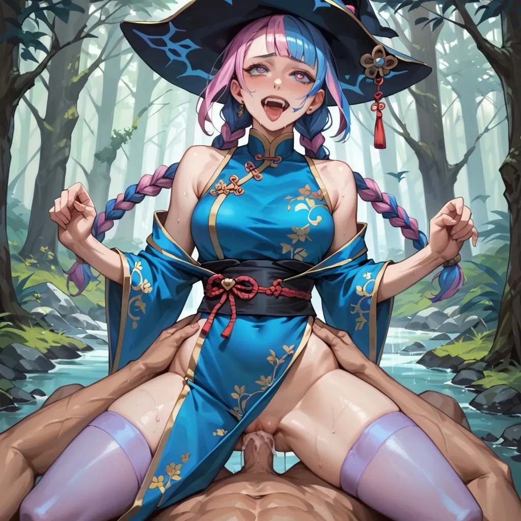 Fairy race girl in forest, bright blue eyes, heart shaped pupils, standing missionary creampie with boobs out, multi color hair, screaming and smiling ahegao with tears, lavender color tights with blue lingerie, gold chinese martial arts dress, witch hat, braided pigtails,