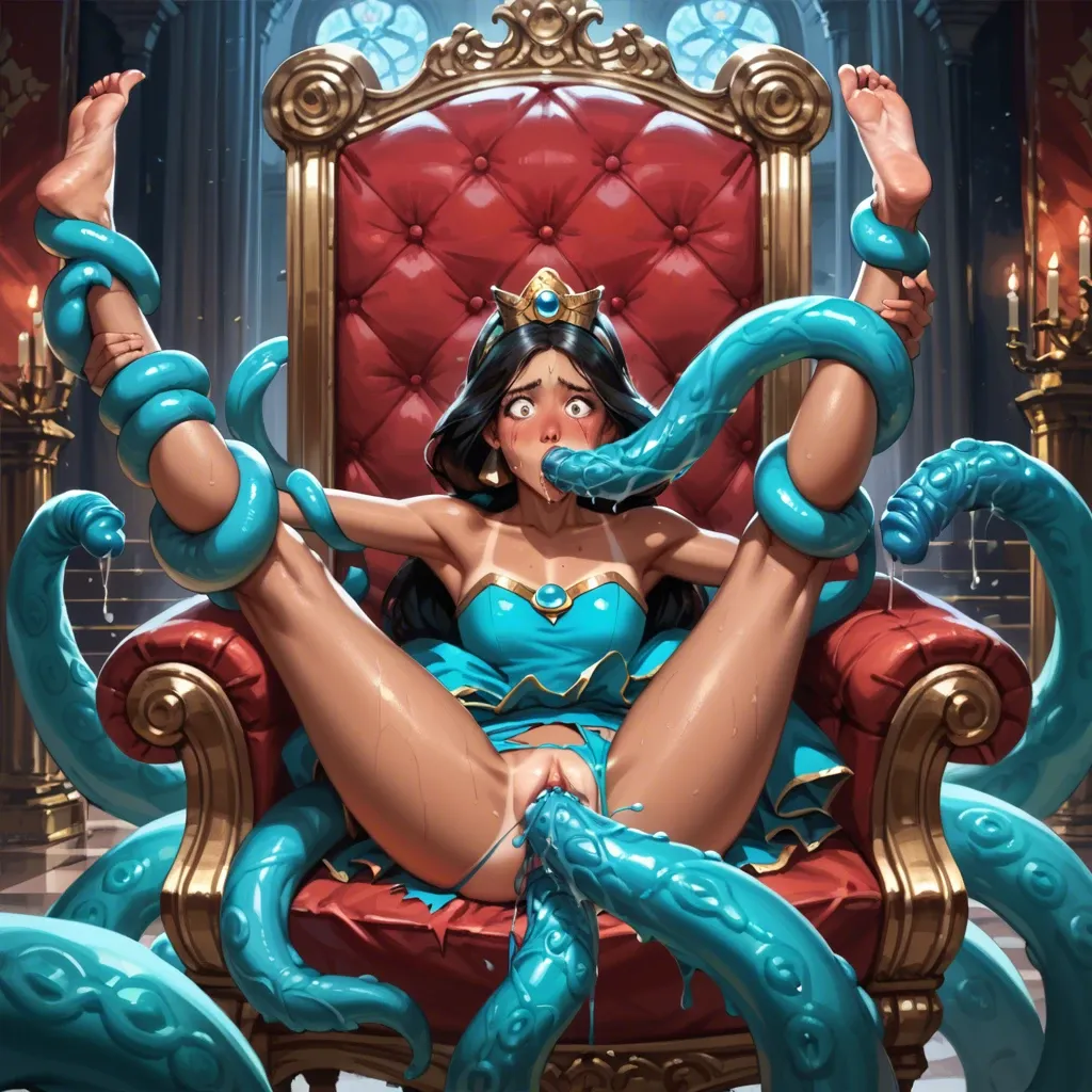 Detailed,Night,royal throne room,princess jasmine, tan lines,flat chest young cute,crown,golden gown,blushing,scared,giant slimy tentacles attacking,torn clothes,wrapping around,gigantic tentacle penetration,blowjob,legs up,hands tied