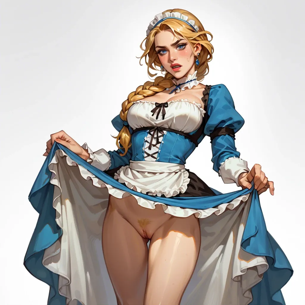 A girl with golden-blonde hair braided elegantly, bright blue eyes, and rosy cheeks, she embodies the charm of traditional German beauty. She's wearing a dirndl, she's sliding up her dress to show her pussy, she's standing, she's at a bakery, she's extremely beautiful , she has a really hairy bushy pussy