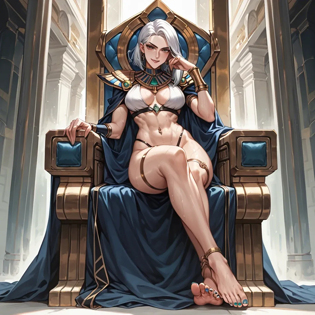 Ashe league of legends, soft smile,throne,  gentle smile, seductive eyes, head tilt, Egyptian, anime art style, long legs, thick thighs, sweaty, smirking, navel piercing, athletic, thin waist, foot focus, painted toenails, feet, nude, standing, high heels, knee up, foot fetish, anklet, jewellery,