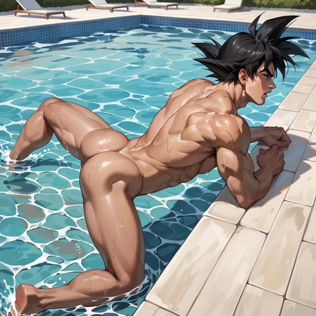 male goku swimming in the pool