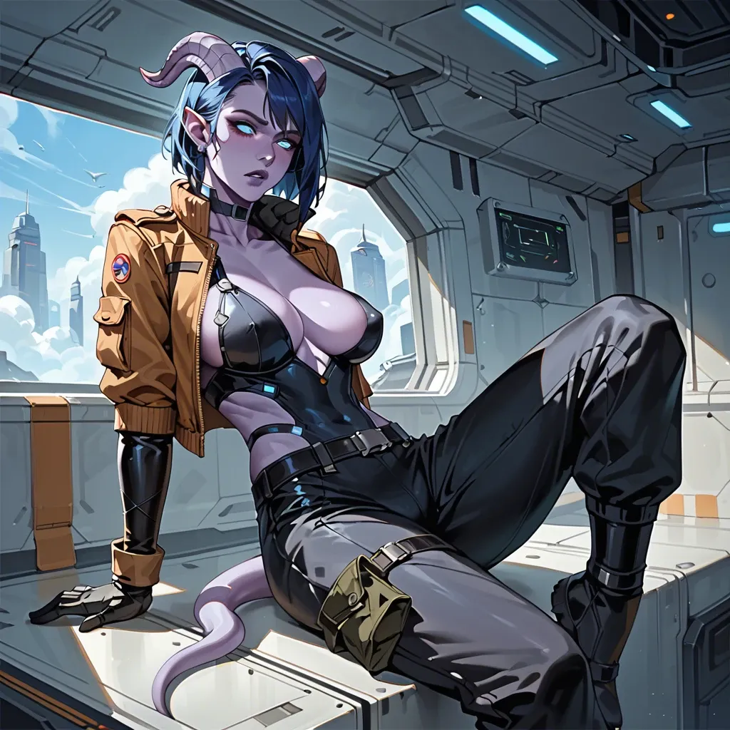 Fully clothed body - She wears futuristic clothes, jumpsuit, futuristic pilot outfit, bomber jacket, cargo pants, belts, black bodysuit under clothing, futuristic draenei girl with purple skin, black-blue hair and horns, skinny, big breasts. sitting in spaceship pilot's chair. armed. Fully clothed torso, fully clothed chest