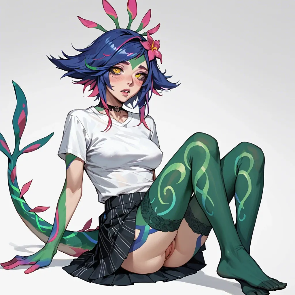 Neeko,solo, White T-shirt, skirt, stockings, foot fetish