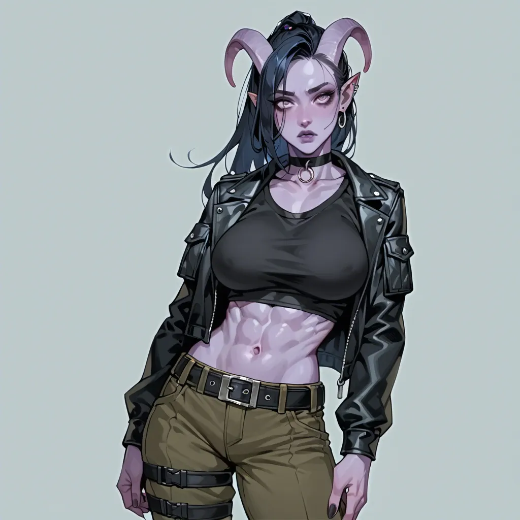 young gothic (but still cute) tiefling girl with purple skin and black-blue hair,  sport black undershirt, cargo pants with belt, choker, jacket, perfect skinny body with big breasts, she knows martial arts, side view, watching at viewer