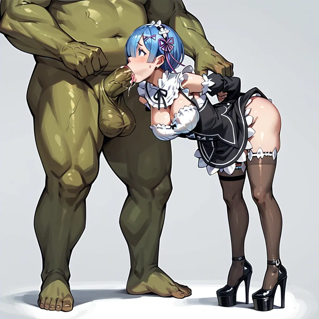 Rem from Re:Zero, platform heels, stockings, standing, bent forward, arms held behind back, dress lifted, giant orc spitroast, giant cock in mouth, deepthroat blowjob, giant cock in pussy, deep vaginal penetration